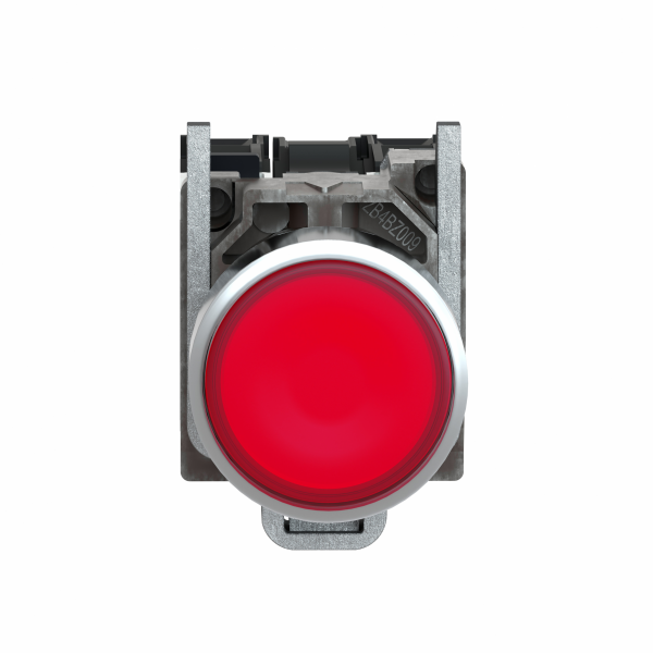 Harmony XB4 - poussoir lumineux LED - 1F+1O - rouge - Ø22 - 24VACDC - H47mmxL30mmxP57mm - diamètre de fixation : 22mm - collerette : métal plaqué chrome - embase de fixation : zamak - IP66, IP67, IP69, IP69K - visuel 1