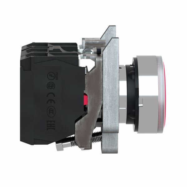 Harmony XB4 - poussoir lumineux LED - 1F+1O - rouge - Ø22 - 24VACDC - H47mmxL30mmxP57mm - diamètre de fixation : 22mm - collerette : métal plaqué chrome - embase de fixation : zamak - IP66, IP67, IP69, IP69K - visuel 2