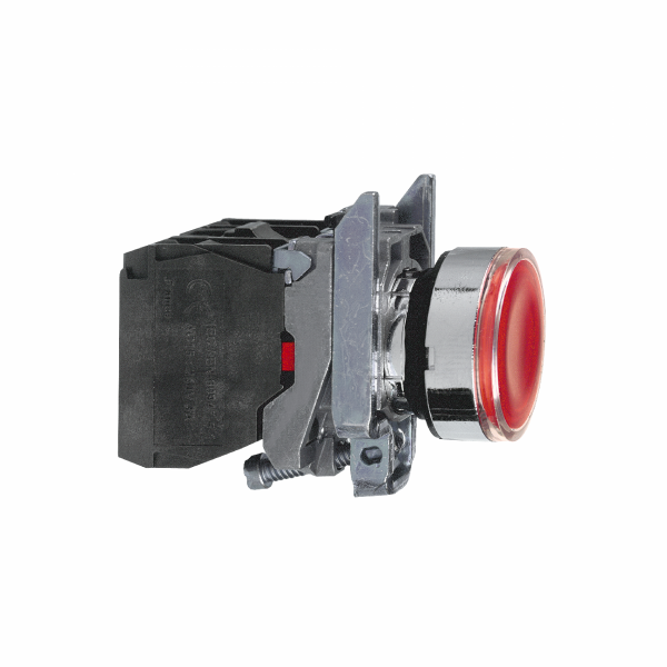Harmony XB4 - poussoir lumineux LED - 1F+1O - rouge - Ø22 - 230VAC - H47mmxL30mmxP57mm - diamètre de fixation : 22mm - collerette : métal plaqué chrome - embase de fixation : zamak - IP66, IP67, IP69, IP69K - visuel 3