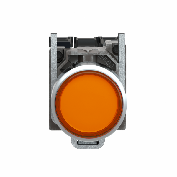 Harmony XB4 - poussoir lumineux LED - 1F+1O - orange - Ø22 - 24VACDC - H47mmxL30mmxP57mm - diamètre de fixation : 22mm - collerette : métal plaqué chrome - embase de fixation : zamak - IP66, IP67, IP69, IP69K - visuel 1
