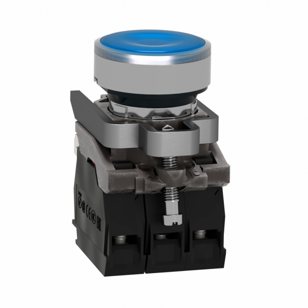 Harmony XB4 - poussoir lumineux LED - 1F+1O - bleu - Ø22 - 24VACDC - H47mmxL30mmxP57mm - diamètre de fixation : 22mm - collerette : métal plaqué chrome - embase de fixation : zamak - IP66, IP67, IP69, IP69K - visuel 4