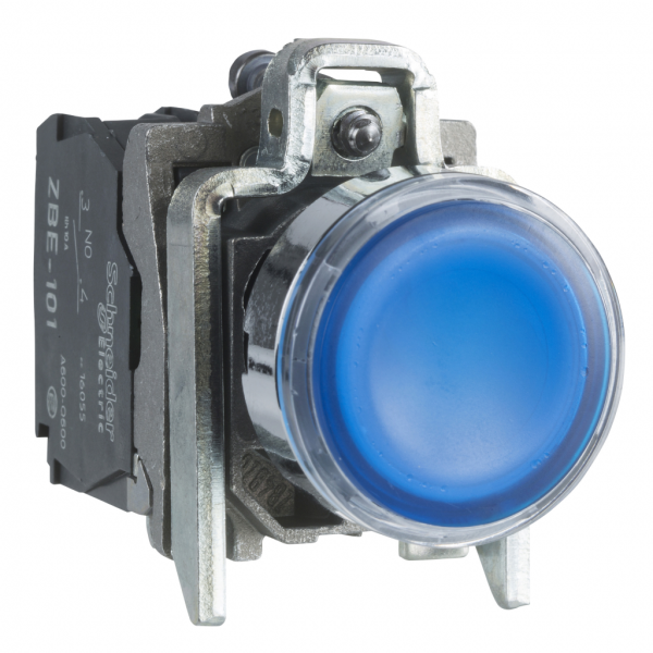 Harmony XB4 - bouton poussoir lumineux LED - 1F+1O - bleu - Ø22 - 110VAC - rond - rappel à ressort - H47mmxL30mmxP101mm - IP66, IP67, IP69 - source lumineuse : LED universelle - visuel 1