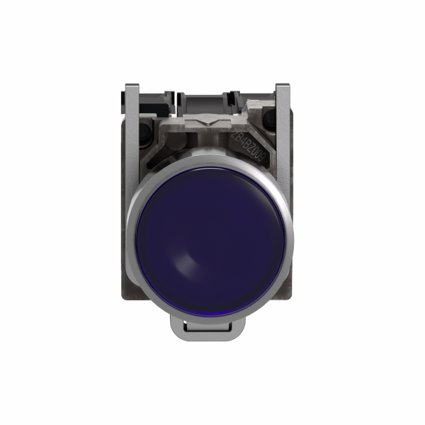 Harmony XB4 - poussoir lumineux LED - 1F+1O - bleu - Ø22 - 230VAC - H47mmxL30mmxP101mm - diamètre de fixation : 22mm - collerette : métal plaqué chrome - embase de fixation : zamak - IP66, IP67, IP69, IP69K - visuel 1