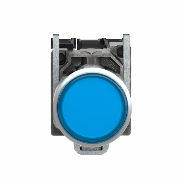 Harmony XB4 - poussoir lumineux LED - 1F+1O - bleu - Ø22 - 230VAC - H47mmxL30mmxP101mm - diamètre de fixation : 22mm - collerette : métal plaqué chrome - embase de fixation : zamak - IP66, IP67, IP69, IP69K - visuel 2