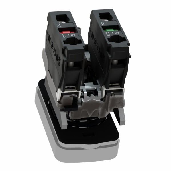 Harmony XB4 - bouton poussoir double touche + voyant blanc - 1F+1O - 110V - diamètre de fixation : 22mm - collerette : métal plaqué chrome - embase de fixation : zamak - source lum. LED protégée - IP66, IP69, IP69K - visuel 1