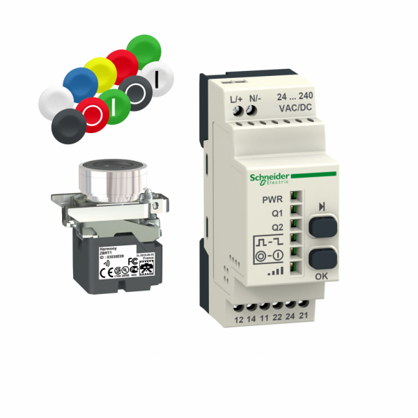 Harmony - pack sans pile & sans fil - Ø22 - récepteur programmable 24Vcc - métal - fréquence : 2405 MHz pour transmetteur, 2405 MHz pour récepteur - classe d'émission : 5M00G7W - commande : bouton sans fil sans pile Ø 22 mm monté sur embase - visuel 1