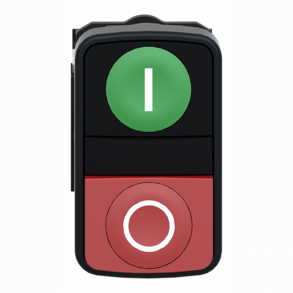 Harmony - bouton-poussoir Ø22mm double touche, ressort de rappel vert + rouge - H50mmxL30mmxP59mm - diamètre de fixation : 22mm - plastique gris foncé - 1 bouton affleurant - 1 bouton dépassant - IP67, IP69, IP69K - visuel 1