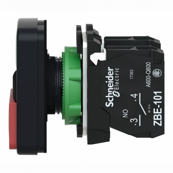 Harmony - bouton-poussoir Ø22mm double touche, ressort de rappel vert + rouge - H50mmxL30mmxP59mm - diamètre de fixation : 22mm - plastique gris foncé - 1 bouton affleurant - 1 bouton dépassant - IP67, IP69, IP69K - visuel 4