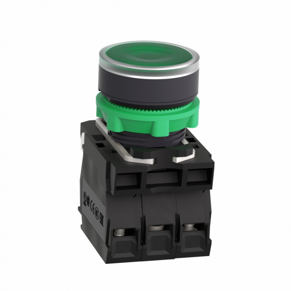 Harmony - bouton poussoir lumineux vert Ø22 - impulsion - 24V - 1O+1F - H42mmxL30mmxP57mm - diamètre de fixation : 22mm - collerette : plastique gris foncé - embase de fixation : plastique - IP66, IP67, IP69, IP69K - visuel 4