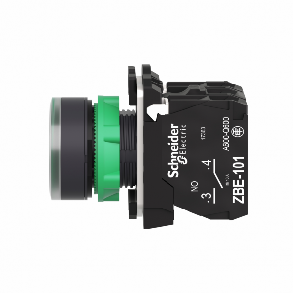 Harmony - bouton poussoir lumineux vert Ø22 - impulsion - 24V - 1O+1F - H42mmxL30mmxP57mm - diamètre de fixation : 22mm - collerette : plastique gris foncé - embase de fixation : plastique - IP66, IP67, IP69, IP69K - visuel 3
