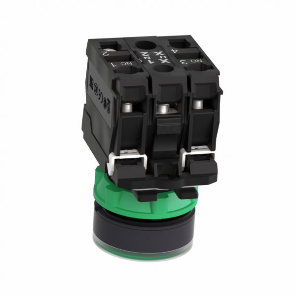 Harmony - bouton poussoir lumineux vert Ø22 - impulsion - 240V - 1O+1F - H42mmxL30mmxP57mm - diamètre de fixation : 22mm - collerette : plastique gris foncé - embase de fixation : plastique - IP66, IP67, IP69, IP69K - visuel 1