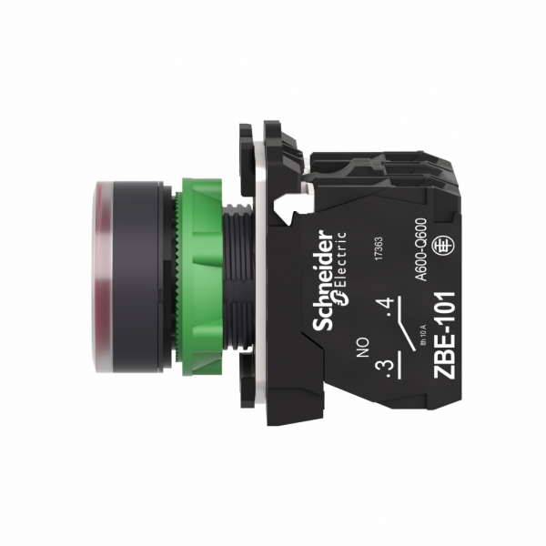 Harmony - bouton poussoir lumineux rouge Ø22 - impulsion - 24V - 1O+1F - H42mmxL30mmxP57mm - diamètre de fixation : 22mm - collerette : plastique gris foncé - embase de fixation : plastique - IP66, IP67, IP69, IP69K - visuel 4