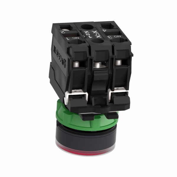 Harmony - bouton poussoir lumineux rouge Ø22 - impulsion - 240 V - 1O+1F - H42mmxL30mmxP57mm - diamètre de fixation : 22mm - collerette : plastique gris foncé - embase de fixation : plastique - IP66, IP67, IP69, IP69K - visuel 1