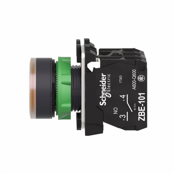 Harmony - bouton poussoir lumineux orange Ø22 - impulsion - 24V - 1O+1F - H42mmxL30mmxP57mm - diamètre de fixation : 22mm - collerette : plastique gris foncé - embase de fixation : plastique - IP66, IP67, IP69, IP69K - visuel 3