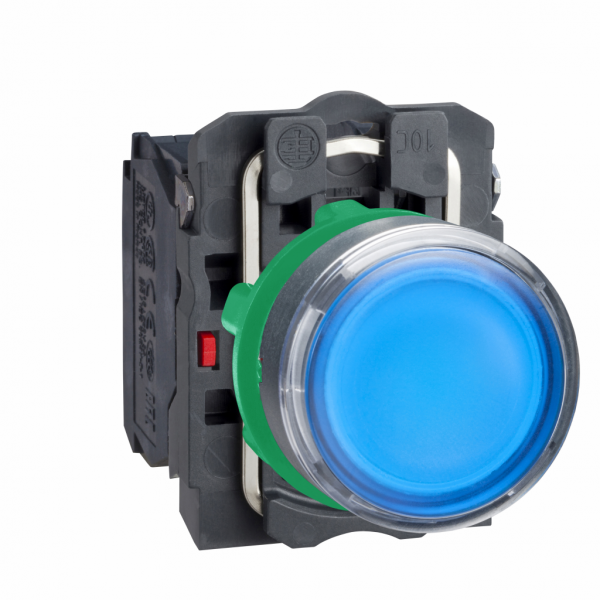 Harmony - bouton poussoir lumineux bleu Ø22 - impulsion - 24V - 1O+1F - H42mmxL30mmxP57mm - diamètre de fixation : 22mm - collerette : plastique gris foncé - embase de fixation : plastique - IP66, IP67, IP69, IP69K - visuel 1