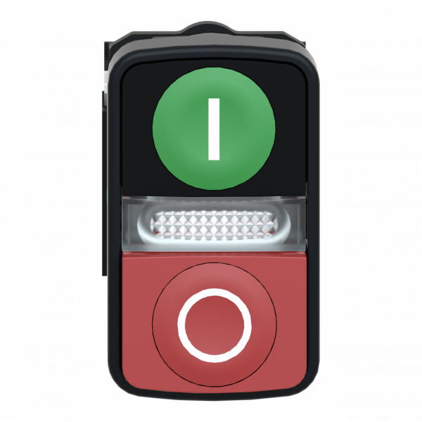 Harmony - bouton-poussoir Ø22 double touche, ressort rap vert+rouge, lum jaune 24V - H50mmxL30mmxP59mm - diamètre de fixation : 22mm - collerette : plastique gris foncé - embase de fixation : plastique - IP66, IP69, IP69K - visuel 1