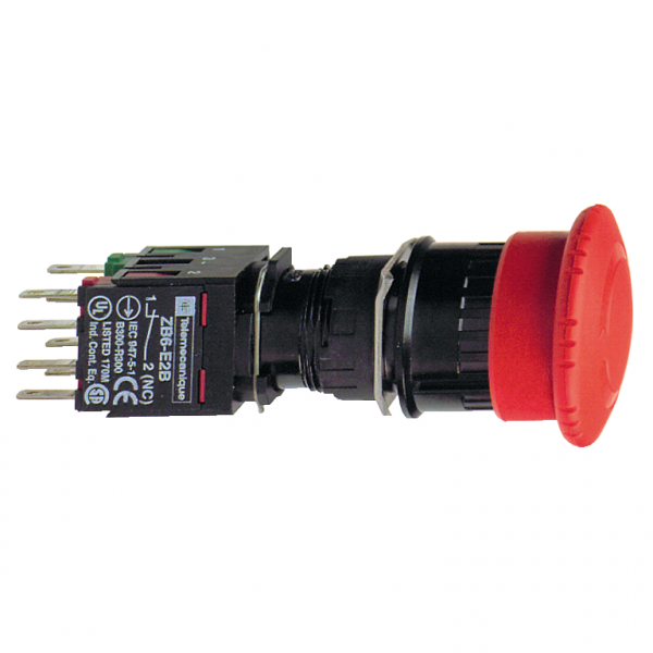 Harmony XB6 - arrêt d'urgence rouge Ø16 - coup-de-poing Ø30 - tourner pr déverrouiller - IP65 - H30mmxL30mmxP77mm - diamètre de fixation : 16mm - unité de la commande : rouge coup de poing Ø 30 mm, non marqué - visuel 1