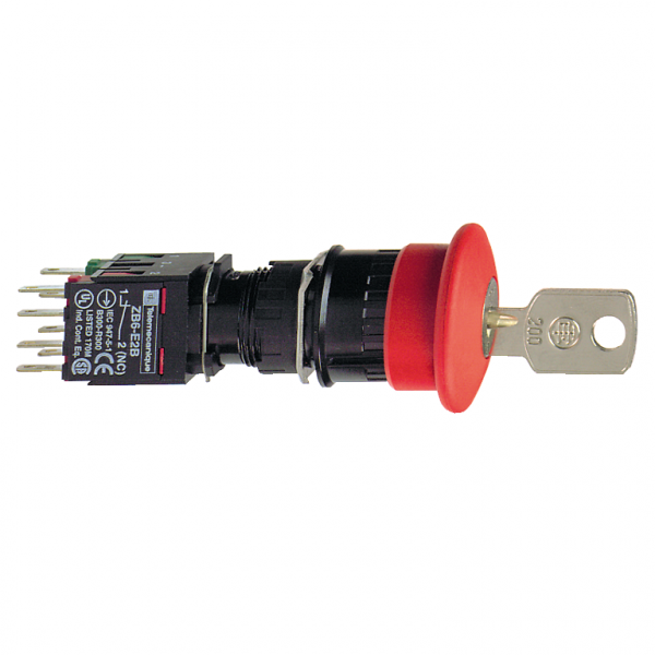Harmony XB6 - arrêt d'urgence rouge Ø16 - coup-de-poing Ø30 - déverrouillage par clé - H30mmxL30mmxP97mm - IP65 - déclenchement et accrochage mécanique - raccordement : connecteurs Faston, taille de connexion: 2,8 x 0,5 mm - visuel 3