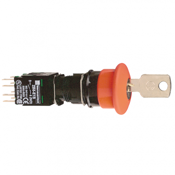 Harmony XB6 - arrêt d'urgence rouge Ø16 - coup-de-poing Ø30 - déverrouillage par clé - H30mmxL30mmxP97mm - IP65 - déclenchement et accrochage mécanique - raccordement : connecteurs Faston, taille de connexion: 2,8 x 0,5 mm - visuel 1