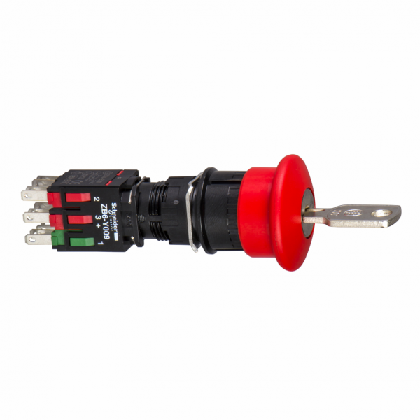 Harmony XB6 - arrêt d'urgence rouge Ø16 - coup-de-poing Ø30 - déverrouillage par clé - H30mmxL30mmxP97mm - IP65 - déclenchement et accrochage mécanique - raccordement : connecteurs Faston, taille de connexion: 2,8 x 0,5 mm - visuel 2