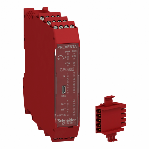 Preventa - contrôleur XPSMCM - 8 entrées 2 sorties - bornier à vis - H99mmxL22,5mmXP114,5mm - IP20 - tension d'alimentation : 24 V - 20...20 % CC - courant de sortie logique : 400 mA - visuel 1