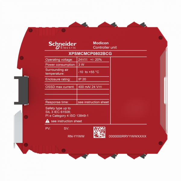 Preventa - contrôleur XPSMCM - 8 entrées 2 sorties - bornier à ressort - H99mmxL22,5mmXP114,5mm - IP20 - tension d'alimentation : 24 V - 20...20 % CC - courant de sortie logique : 400 mA - visuel 3