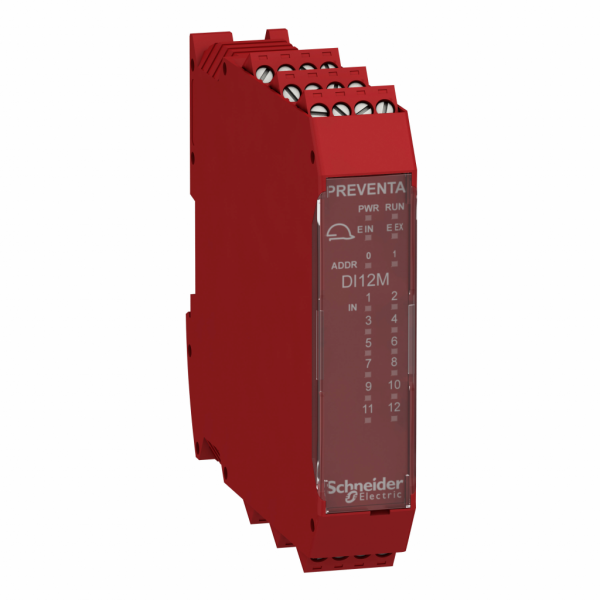 Preventa XPSMCM - module 12 entrées pour tapis de sécurité - connecteur à vis - fonction disponible : surveillance du tapis de sécurité pour entrée TOR - H99mmxL22,5mmxP114,5mm - bus d'extension de carte mère - 3W - IP20 - visuel 1