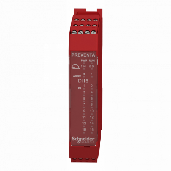 Preventa XPSMCM - module extension 16 entrées - connecteur à vis - H99mmxL114,5mmX22,5mm - IP20 - entrée logique : isolé - sortie : PNP - fonctions dispo. : surveillance détection de sécurité et du dialogue de sécurité pour entrée TOR - visuel 1