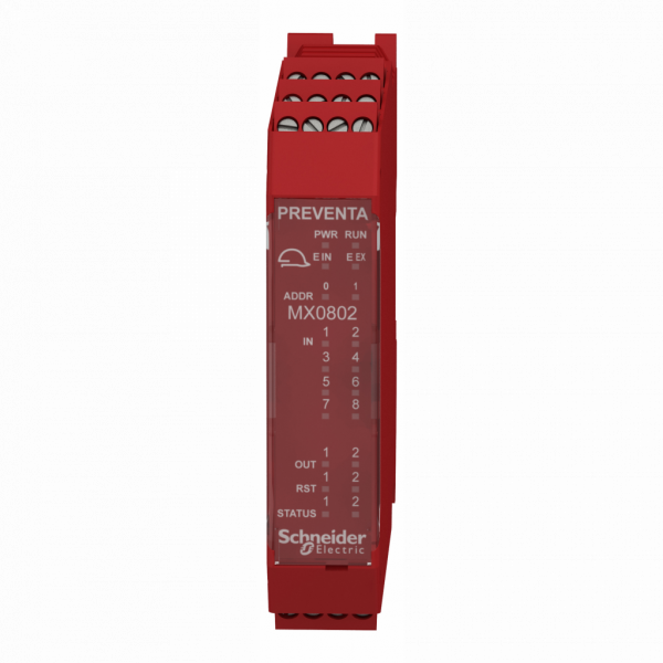 Preventa XPSMCM - mod. extension 8 entrées 2 sorties connect. à vis - H99mmxL114,5mmXP22,5mm - IP20 - sortie : PNP - fonctions dispo. : surveillance détection et dialogue de sécurité pour entrée TOR et actionneurs sécurité pour sortie log. - visuel 1