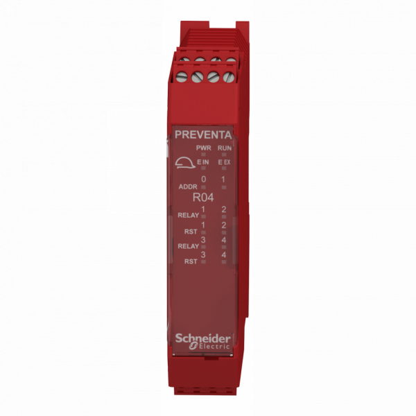 Preventa XPSMCM - module d'extension 4 sorties relais connecteur à vis - H99mmxL22,5XP114,5mm - IP20 - sorties : 4 relais - sorties TOR : 8 statiques à 125mA (diag.) - fonction : surveillance des actionneurs de sécurité pour sortie relais - visuel 1