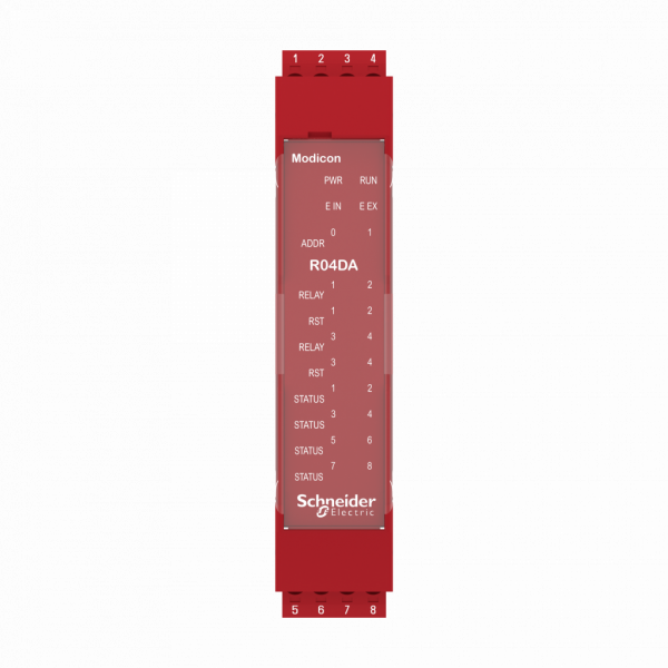 Preventa XPSMCM - module d'extension 4 sorties relais statuts configurable connect vis - H99mmxL22,5XP114,5mm - IP20 - sorties : 4 relais - sorties TOR : 8 statiques à 125mA (diag.) - fonc. : surveillance actionneurs sécu. pr sortie relais - visuel 1