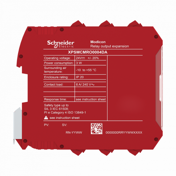 Preventa XPSMCM - module d'extension 4 sorties relais statuts configurable connect vis - H99mmxL22,5XP114,5mm - IP20 - sorties : 4 relais - sorties TOR : 8 statiques à 125mA (diag.) - fonc. : surveillance actionneurs sécu. pr sortie relais - visuel 3