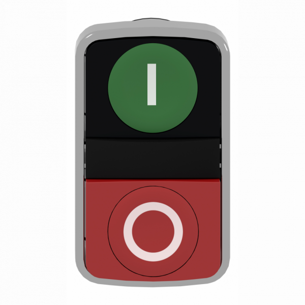 Harmony XB4 - tête bouton double touche - fixation : Ø22mm - marqué - vert/rouge - IP66, IP69, IP69K - métal plaqué chrome - rappel à ressort - 1 bouton affleurant - 1 bouton dépassant - visuel 1