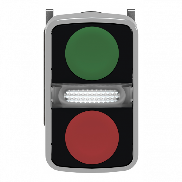 Harmony - tête bouton poussoir double touche Ø22 vert + rouge non marqué IP66, IP67, IP69, IP69K - H50mmxL30mmxP30mm - acc. associés : DEL intégrale - 2 boutons affleurants, 1 témoin central - rappel à ressort - visuel 1