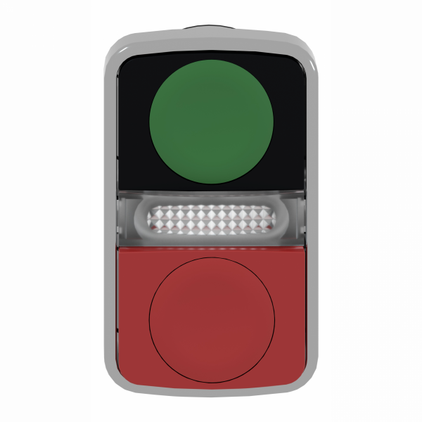 Harmony - tête bouton-poussoir double touche Ø22 vert + rouge non marqué - IP66, IP67, IP69, IP69K - H50mmxL30mmxP30mm - acc. associés : DEL intégrale - 1 bouton affleurant, 1 bouton dépassant, 1 témoin central - rappel à ressort - visuel 1