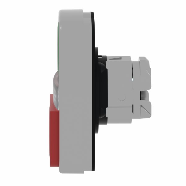 Harmony - tête bouton-poussoir double touche Ø22 vert + rouge non marqué - IP66, IP67, IP69, IP69K - H50mmxL30mmxP30mm - acc. associés : DEL intégrale - 1 bouton affleurant, 1 bouton dépassant, 1 témoin central - rappel à ressort - visuel 4