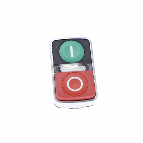Harmony tête bouton-poussoir double touche Ø22 vert + rouge E S - IP66, IP69, IP69K - H50mmxP30mmxL30mm (hors tout CAO) - diamètre de fixation : 22mm - collerette : métal plaqué chrome - DEL intégrale - visuel 1
