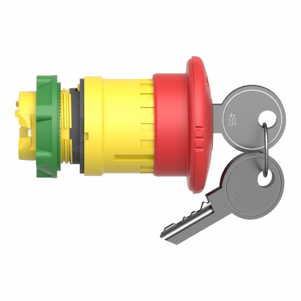 Harmony tête d'arrêt d'urgence Ø 40 - déverrouillage par clé- Ø22 - rouge - H40mm(hors tout CAO)xL40mm(hors tout CAO)xP79mm(hors tout CAO - diamètre fixation : 22mm - profil : rouge coup de poing Ø40mm, non marqué - IP66, IP67, IP69, IP69K - visuel 3