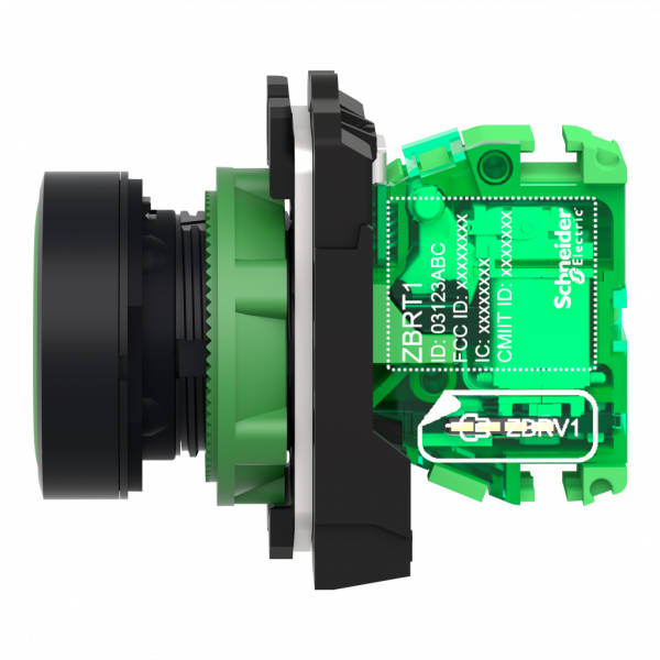 Harmony - émetteur sans pile & sans fil avec tête plastique Ø22 mm - capsule verte - H41,5mmxL30mmxP43mm (hors tout CAO) - profondeur d'encastrement : 42mm - IP66, IP67, IP69, IP69K - bouton-poussoir à rappel avec émetteur - visuel 4