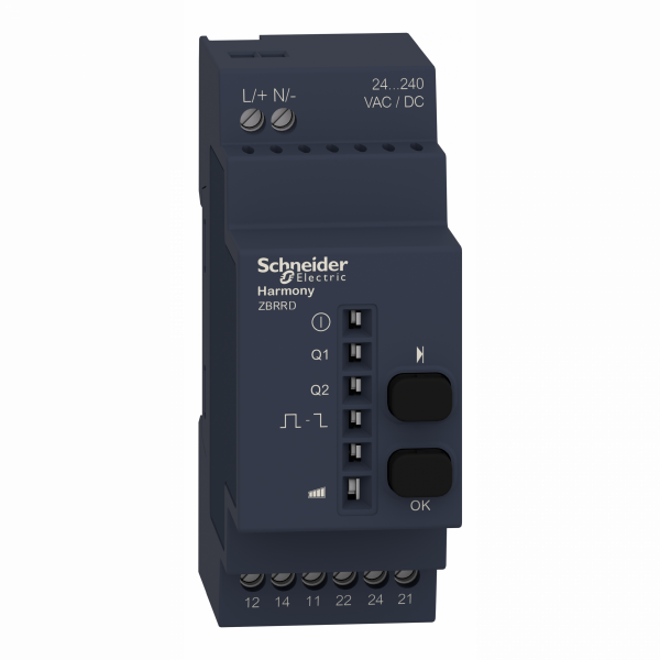 Harmony - récepteur programmable - 2 relais - 24...240Vca/cc - 2 boutons-poussoirs - H108mmxL36mmxP75mm - IP20 - pour interfaçage actionneurs - temps de reset : 2 ms temporisation - visuel 1